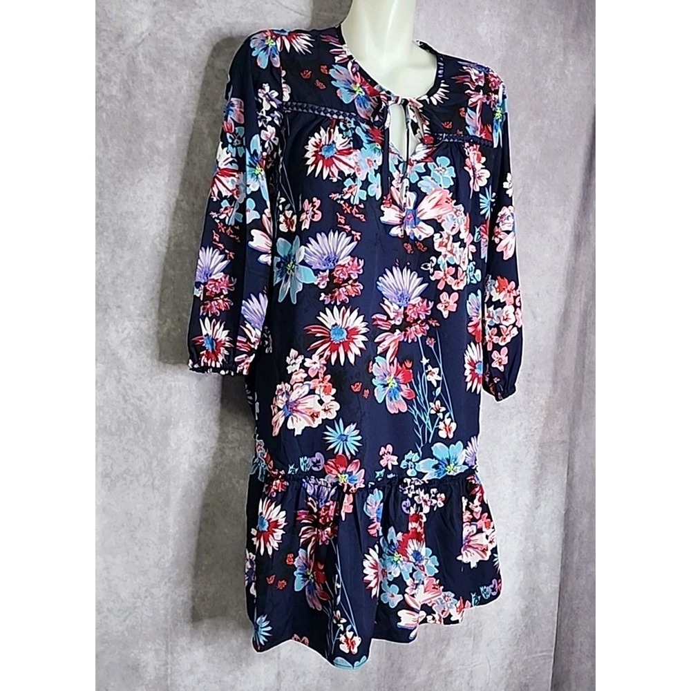Blue Ruffle Floral Shift Dress Womens‎ Small Short Tie Neck Line Philosophy - Picture 2 of 9